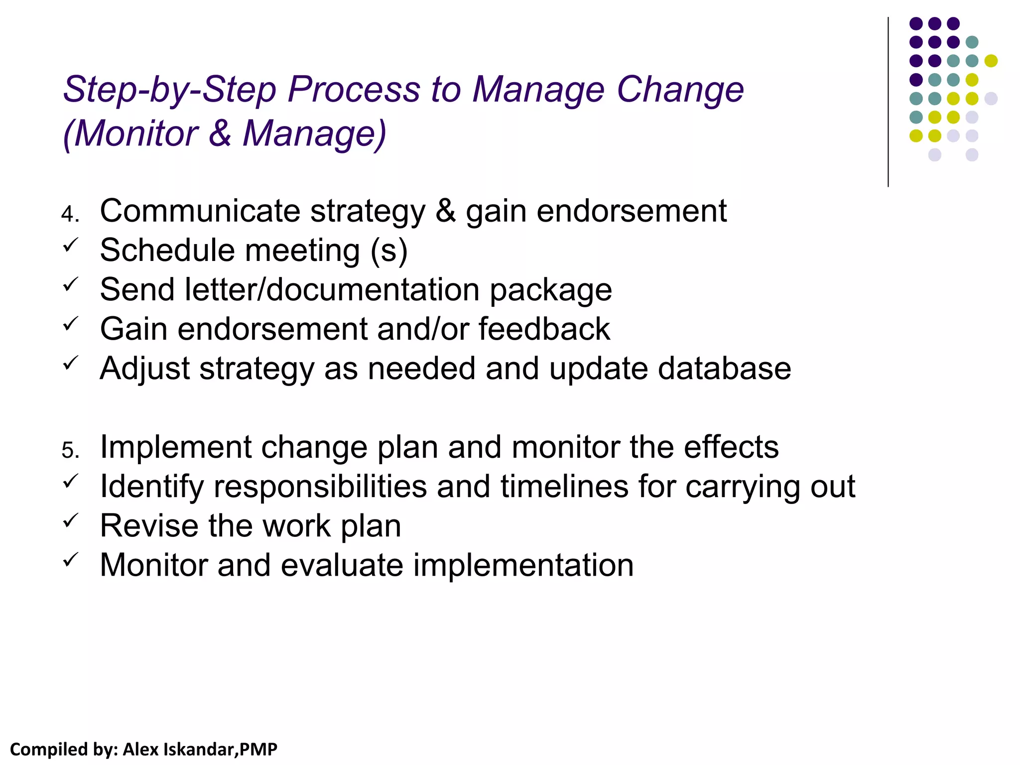 Compiled by: Alex Iskandar,PMP
Step-by-Step Process to Manage Change
(Monitor & Manage)
4. Communicate strategy & gain endorsement
 Schedule meeting (s)
 Send letter/documentation package
 Gain endorsement and/or feedback
 Adjust strategy as needed and update database
5. Implement change plan and monitor the effects
 Identify responsibilities and timelines for carrying out
 Revise the work plan
 Monitor and evaluate implementation
 