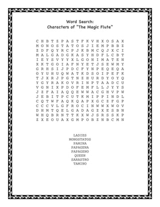 Word Search:
Characters of “The Magic Flute”
C H B T Z P A S T F K V H X O S A X
M O N O S T A T O S J I E M P B B Z
Z D F Q Y R C P J K B M C Q J X C I
M A L G A D G K A S Y H D F L C B T
I E Y S V Y Y X L G O N I M A T E N
X K T G O I A F N Y E T J S E W M Y
G R H S I J P D C F Y N P E Q E Q A
O Y U H U Q W A T K D S O I P E F K
T J X R J P G T N Z H U R D Y O Y Q
Y G Y R A K O V R I N P T A A D C U
V G N I X P D O F E M F L L J Y Y S
J Z F A I A Q Q E W W A C G H V P W
J E B I T P C U T K M I P P I N D L
C Q T W F A Q K Q A P X G C Z F G P
C C C V L G F R O C I N W W X W O V
D H M T Q E L G A D A G Z X E S B N
W H Q B R N T T K X W J S R S S K P
Z X E O U A X G M P O B Z N B C M N
LADIES
MONOSTATOS
PAMINA
PAPAGENA
PAPAGENO
QUEEN
SARASTRO
TAMINO
 