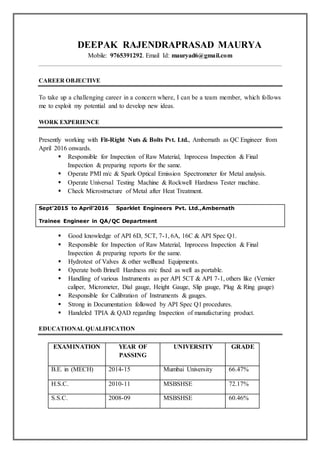 DEEPAK RAJENDRAPRASAD MAURYA
Mobile: 9765391292. Email Id: mauryad6@gmail.com
CAREER OBJECTIVE
To take up a challenging career in a concern where, I can be a team member, which follows
me to exploit my potential and to develop new ideas.
WORK EXPERIENCE
Presently working with Fit-Right Nuts & Bolts Pvt. Ltd., Ambernath as QC Engineer from
April 2016 onwards.
 Responsible for Inspection of Raw Material, Inprocess Inspection & Final
Inspection & preparing reports for the same.
 Operate PMI m/c & Spark Optical Emission Spectrometer for Metal analysis.
 Operate Universal Testing Machine & Rockwell Hardness Tester machine.
 Check Microstructure of Metal after Heat Treatment.
Sept’2015 to April’2016 Sparklet Engineers Pvt. Ltd.,Ambernath
Trainee Engineer in QA/QC Department
 Good knowledge of API 6D, 5CT, 7-1, 6A, 16C & API Spec Q1.
 Responsible for Inspection of Raw Material, Inprocess Inspection & Final
Inspection & preparing reports for the same.
 Hydrotest of Valves & other wellhead Equipments.
 Operate both Brinell Hardness m/c fixed as well as portable.
 Handling of various Instruments as per API 5CT & API 7-1, others like (Vernier
caliper, Micrometer, Dial gauge, Height Gauge, Slip gauge, Plug & Ring gauge)
 Responsible for Calibration of Instruments & gauges.
 Strong in Documentation followed by API Spec Q1 procedures.
 Handeled TPIA & QAD regarding Inspection of manufacturing product.
EDUCATIONAL QUALIFICATION
EXAMINATION YEAR OF
PASSING
UNIVERSITY GRADE
B.E. in (MECH) 2014-15 Mumbai University 66.47%
H.S.C. 2010-11 MSBSHSE 72.17%
S.S.C. 2008-09 MSBSHSE 60.46%
 