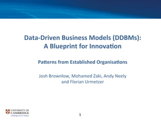 Data-­‐Driven	
  Business	
  Models	
  (DDBMs):	
  	
  
A	
  Blueprint	
  for	
  Innova9on	
  
	
  
Pa;erns	
  from	
  Established	
  Organisa9ons	
  
	
  
1	
  
Josh	
  Brownlow,	
  Mohamed	
  Zaki,	
  Andy	
  Neely	
  
and	
  Florian	
  Urmetzer	
  
 