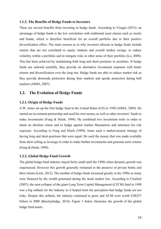   10	
  
1.1.3. The Benefits of Hedge Funds to Investors
There are several benefits from investing in hedge funds. According to Visagie (2015), an
advantage of hedge funds is the low correlation with traditional asset classes such as stocks
and bonds, which is therefore beneficial for an overall portfolio due to their positive
diversification effect. The main reasons as to why investors allocate to hedge funds include
returns that are not correlated to equity markets and overall market swings, to reduce
volatility within a portfolio and to mitigate risks in other areas of their portfolio (Lo, 2008).
This has been achieved by maintaining both long and short positions in securities. If hedge
funds are selected carefully, they provide an alternative investment exposure with better
returns and diversification over the long run. Hedge funds are able to reduce market risk as
they provide downside protection during bear markets and upside protection during bull
markets (AIMA, 2007).
1.2. The Evolution of Hedge Funds
1.2.1. Origin of Hedge Funds
A.W. Jones set up the first hedge fund in the United States (US) in 1949 (AIMA, 2009). He
started an investment partnership and used his own money as well as other investors’ funds to
make investments (Fung & Hsieh, 1999). He combined two investment tools in order to
attain an absolute return and to hedge against market fluctuations and minimize his risk
exposure. According to Fung and Hsieh (1999), Jones used a market-neutral strategy of
having long and short positions that were equal. He used the money that was made available
from short selling as leverage in order to make further investments and generate more returns
(Fung & Hsieh, 1999).
1.2.2. Global Hedge Fund Growth
The global hedge fund industry stayed fairly small until the 1990s when dynamic growth was
experienced. However this growth generally remained in the preserve of private banks and
their clients (Lack, 2012). The number of hedge funds increased greatly in the 1990s as many
were financed by the wealth generated during the stock market rise. According to Crockett
(2007), the near-collapse of the giant Long Term Capital Management (LTCM) fund in 1998
was a big setback for the industry as it helped form the perception that hedge funds are too
risky. Despite this setback, the industry continued to grow and AUM were worth US$237
billion in 2000 (Barclayhedge, 2014). Figure 1 below illustrates the growth of the global
hedge fund assets.
 