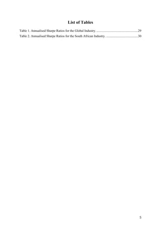   5	
  
List of Tables
Table 1. Annualised Sharpe Ratios for the Global Industry. ...................................................29
Table 2. Annualised Sharpe Ratios for the South African Industry. .......................................30
 