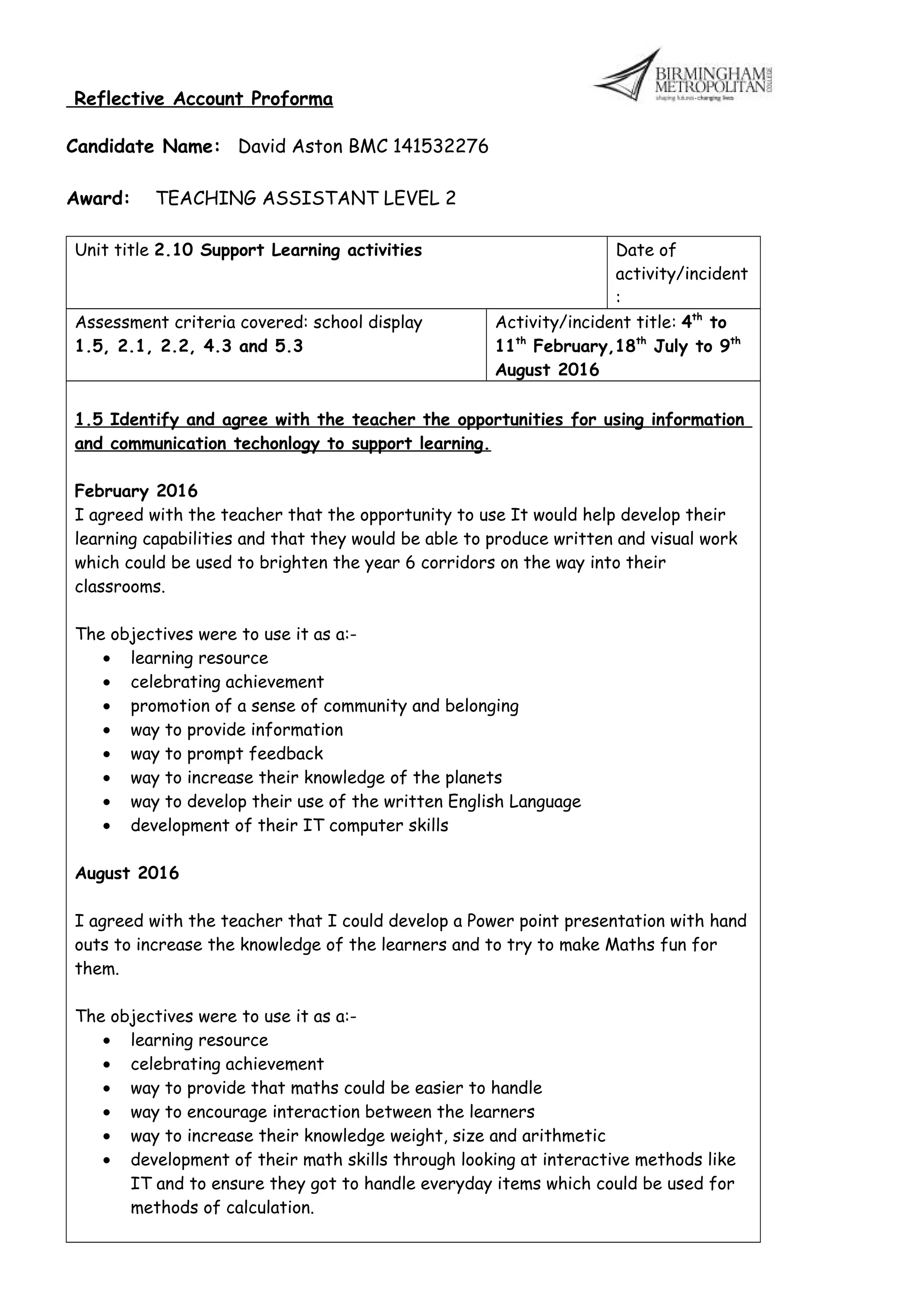 Reflective Account Proforma David Aston 2.10