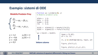 11A.A. 2016/2017 MATLAB: soluzione di equazioni differenziali e fitting non lineare
Esempio: sistemi di ODE
𝛼 = 1,2 𝑦1 0 = 2
𝛽 = −0,6 𝑦2 0 = 1
𝜎 = −0,8
𝜌 = 0,3
Modello Predator-Prey
Vettore colonna
212
2
211
1
yyy
dt
dy
yyy
dt
dy




 