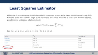 15A.A. 2016/2017 MATLAB: soluzione di equazioni differenziali e fitting non lineare
Least Squares Estimator
L’obiettivo di uno stimatore ai minimi quadrati è trovare un vettore x che sia un minimizzatore locale della
funzione data dalla somma degli scarti quadratici tra curva misurata e uscita del modello teorico,
possibilmente sottoposta ad alcuni vincoli:
𝑚𝑖𝑛 𝑥 𝐹(𝑥) 2
2
= 𝑚𝑖𝑛 𝑥
𝑖
𝐹𝑖
2
(𝑥)
tale che 𝐴 · 𝑥 ≤ 𝑏, 𝐴𝑒𝑞 · 𝑥 = 𝑏𝑒𝑞, 𝑙𝑏 ≤ 𝑥 ≤ 𝑢𝑏.
 