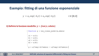 17A.A. 2016/2017 MATLAB: soluzione di equazioni differenziali e fitting non lineare
Esempio: fitting di una funzione esponenziale
𝑦 = 𝑎1 exp −𝑏1 𝑡 + 𝑎2 exp −𝑏2 𝑡 𝑡 ∈ [0; 2]
1) Definire la funzione 𝐦𝐨𝐝𝐞𝐥𝐥𝐨: 𝒚 = 𝒇𝒖𝒏(𝒙, 𝒙𝒅𝒂𝒕𝒂)
 