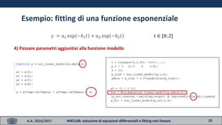 20A.A. 2016/2017 MATLAB: soluzione di equazioni differenziali e fitting non lineare
Esempio: fitting di una funzione esponenziale
𝑦 = 𝑎1 exp −𝑏1 𝑡 + 𝑎2 exp −𝑏2 𝑡 𝑡 ∈ [0; 2]
4) Passare parametri aggiuntivi alla funzione modello
 