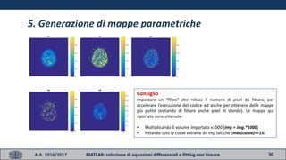 30A.A. 2016/2017 MATLAB: soluzione di equazioni differenziali e fitting non lineare
5. Generazione di mappe parametriche
Consiglio
Impostare un “filtro” che riduca il numero di pixel da fittare, per
accelerare l’esecuzione del codice ed anche per ottenere delle mappe
più pulite (evitando di fittare anche pixel di sfondo). Le mappe qui
riportate sono ottenute:
• Moltiplicando il volume importato x1000 (img = img.*1000)
• Fittando solo le curve estratte da img tali che (max(curva)>=15)
 