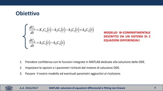 4
Obiettivo
A.A. 2016/2017 MATLAB: soluzione di equazioni differenziali e fitting non lineare
MODELLO BI-COMPARTIMENTALE
DESCRITTO DA UN SISTEMA DI 2
EQUAZIONI DIFFERENZIALI
1. Prendere confidenza con le funzioni integrate in MATLAB dedicate alla soluzione delle ODE.
2. Impostare le opzioni e i parametri richiesti dal motore di soluzione ODE.
3. Passare il nostro modello ed eventuali parametri aggiuntivi al risolutore.
 