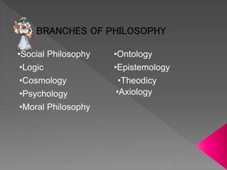 BRANCHES OF PHILOSOPHY
•Social Philosophy •Ontology
•Cosmology •Theodicy
•Logic
•Moral Philosophy
•Axiology•Psychology
•Epistemology
 