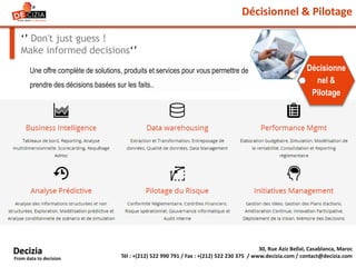 Décisionnel & Pilotage
‘’ Don't just guess !
Make informed decisions‘’
Une offre complète de solutions, produits et services pour vous permettre de
prendre des décisions basées sur les faits..
30, Rue Aziz Bellal, Casablanca, Maroc
Tél : +(212) 522 990 791 / Fax : +(212) 522 230 375 / www.decizia.com / contact@decizia.com
Decizia
From data to decision
Décisionne
nel &
Pilotage
 