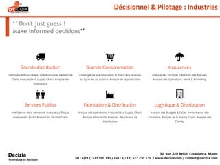 Décisionnel & Pilotage : Industries
‘’ Don't just guess !
Make informed decisions‘’
30, Rue Aziz Bellal, Casablanca, Maroc
Tél : +(212) 522 990 791 / Fax : +(212) 522 230 375 / www.decizia.com / contact@decizia.com
Decizia
From data to decision
 