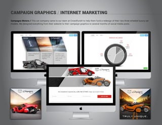 CAMPAIGN GRAPHICS / INTERNET MARKETING
Campagna Motors / This car company came to our team at CrowdfundX to help them fund a redesign of their two three wheeled luxury car
models. We designed everything from their website to their campaign graphics to several months of social media posts.
 