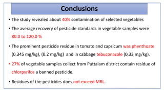 Conclusions
• The study revealed about 40% contamination of selected vegetables
• The average recovery of pesticide standards in vegetable samples were
80.0 to 120.0 %
• The prominent pesticide residue in tomato and capsicum was phenthoate
(0.345 mg/kg), (0.2 mg/kg) and in cabbage tebuconazole (0.33 mg/kg).
• 27% of vegetable samples collect from Puttalam district contain residue of
chlorpyrifos a banned pesticide.
• Residues of the pesticides does not exceed MRL.
 