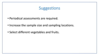 Suggestions
• Periodical assessments are required.
• Increase the sample size and sampling locations.
• Select different vegetables and fruits.
 