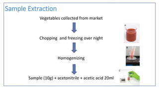 Sample Extraction
Vegetables collected from market
Chopping and freezing over night
Homogenizing
Sample (10g) + acetonitrile + acetic acid 20ml
 