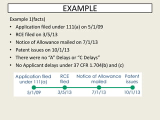 EXAMPLE
Example 1(facts)
• Application filed under 111(a) on 5/1/09
• RCE filed on 3/5/13
• Notice of Allowance mailed on 7/1/13
• Patent issues on 10/1/13
• There were no “A” Delays or “C Delays”
• No Applicant delays under 37 CFR 1.704(b) and (c)
 