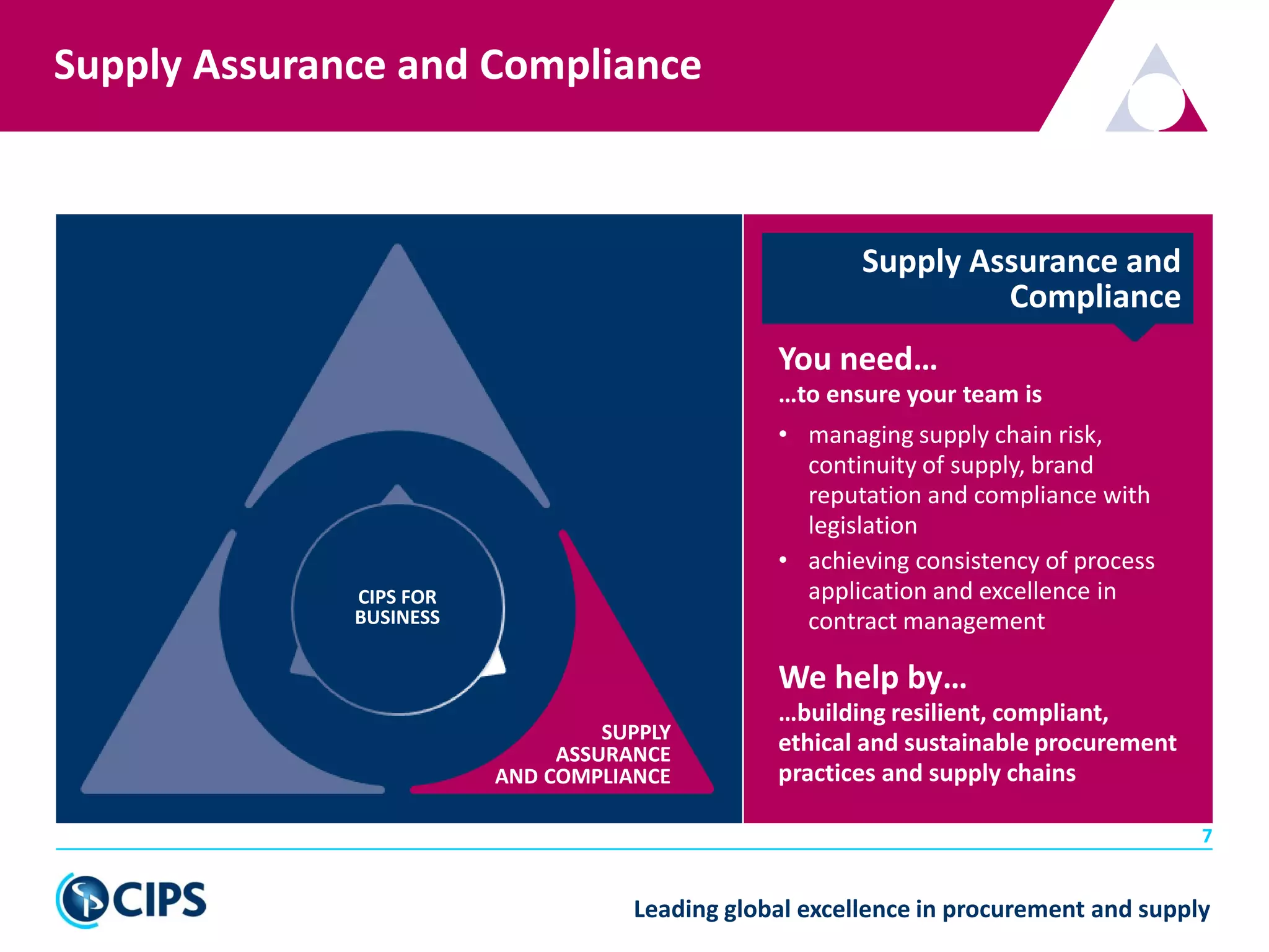 Leading global excellence in procurement and supply
Supply Assurance and Compliance
7
You need…
…to ensure your team is
• managing supply chain risk,
continuity of supply, brand
reputation and compliance with
legislation
• achieving consistency of process
application and excellence in
contract management
We help by…
…building resilient, compliant,
ethical and sustainable procurement
practices and supply chains
Supply Assurance and
Compliance
SUPPLY
ASSURANCE
AND COMPLIANCE
CIPS FOR
BUSINESS
 