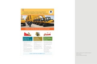 Agency: Honeycomb Creative Support
Brand: Wipro
Roll: Art Direction & editing
• Improve parts revenue up to 10%
using pricing optimization for your
key spare parts
• Differentiate your product with
smart features – improved
awareness and connectivity built in
• Price your contracts right to improve
your win ratio
• Improve your customer outcomes
by recommending the right upgrade
/attachment at the right time
• Ensure consumables are replenished
in time to keep operations going
MOVING CONSTRUCTION EQUIPMENT
MANUFACTURERSTO NEXT GEN SERVICES
INCREASEYOUR
AFTER-SALES
REVENUE BY 2-5%
UP YOUR
CUSTOMER
SATISFACTION
REDUCEYOUR
COST OF SERVICE
BY 8-10%
• Improve uptime of your products
in the field with condition based
maintenance
• Predict and act on failures before
your customers call you
• Use connected equipment data to
help in diagnostics and reduce
mean time to repair by 12- 15%
• Reduce number of visits by aligning
parts and technicians
• Reduce inventory by 10% using
inventory optimization techniques
that are specialized for After-Sales
• Improve field productivity by upto
15% by better scheduling and
routing
• Redesign of After-Sales supply
chain in 3 months based on a
rigorous analysis and subsequently
implement options to drive
efficiencies and agility
• Save up to 7% in the
warranty management and
administration process
Contact us:After-Sales.solutions@wipro.com
WIPRO’S AFTER-SALES SERVICE PLATFORM
 