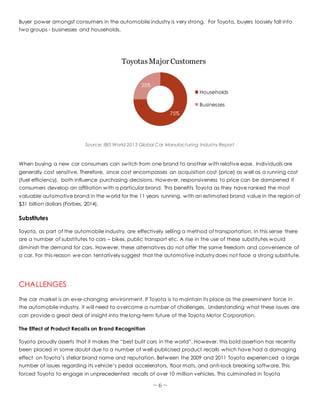 ~ 6 ~
Buyer power amongst consumers in the automobile industry is very strong. For Toyota, buyers loosely fall into
two groups - businesses and households.
Source: IBIS World 2013 Global Car Manufacturing Industry Report
When buying a new car consumers can switch from one brand to another with relative ease. Individuals are
generally cost sensitive. Therefore, since cost encompasses an acquisition cost (price) as well as a running cost
(fuel efficiency), both influence purchasing decisions. However, responsiveness to price can be dampened if
consumers develop an affiliation with a particular brand. This benefits Toyota as they have ranked the most
valuable automotive brand in the world for the 11 years running, with an estimated brand value in the region of
$31 billion dollars (Forbes, 2014).
Substitutes
Toyota, as part of the automobile industry, are effectively selling a method of transportation. In this sense there
are a number of substitutes to cars – bikes, public transport etc. A rise in the use of these substitutes would
diminish the demand for cars. However, these alternatives do not offer the same freedom and convenience of
a car. For this reason we can tentatively suggest that the automotive industry does not face a strong substitute.
CHALLENGES
The car market is an ever-changing environment. If Toyota is to maintain its place as the preeminent force in
the automobile industry, it will need to overcome a number of challenges. Understanding what these issues are
can provide a great deal of insight into the long-term future of the Toyota Motor Corporation.
The Effect of Product Recalls on Brand Recognition
Toyota proudly asserts that it makes the “best built cars in the world”. However, this bold assertion has recently
been placed in some doubt due to a number of well-publicised product recalls which have had a damaging
effect on Toyota’s stellar brand name and reputation. Between the 2009 and 2011 Toyota experienced a large
number of issues regarding its vehicle’s pedal accelerators, floor mats, and anti-lock breaking software. This
forced Toyota to engage in unprecedented recalls of over 10 million vehicles. This culminated in Toyota
75%
25%
ToyotasMajor Customers
Households
Businesses
 