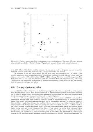 8.5. SURVEY CHARACTERISTICS 111
Figure 8.8: Absolute magnitude of the host galaxy versus core brightness. The mean diﬀerence between
core and galaxy is ∆MV = (2.8 ± 1.0) mag. Typical error bars are shown in the upper left corner.
et al. 1996, Jahnke 1998). In this work the criterion with a monotone proﬁle of the galaxy was used because the
Seyfert II cores are weak and in most objects the galaxy dominates the core emission.
The separation of core and galaxy showed that the active cores are comparably faint. In Figure 8.8 the
absolute magnitudes of the cores and galaxies are shown for the conﬁrmed Seyfert II. There is a mean brightness
diﬀerence between the AGN and the galaxy of ∆MV = (2.8 ± 1.0) mag. The mean error of the magnitude of the
host galaxy are σMV ∼ 0.2 mag and signiﬁcant lower than the errors of the core magnitudes (σMV ∼ 0.6 mag).
The errors the core magnitudes are larger due to the separation procedure, which aﬀects the faint core stronger
than the comparatively bright host galaxy.
8.5 Survey characteristics
A survey for whatever kind of objects based on objective prism plates suﬀers from several problems which originate
from the photographic plates. Some characteristics shall be discussed here only brieﬂy, as a detailed discussion
can be found in K¨ohler (1996). Nevertheless, some solutions to problems have been developed during this work
to take into account the special properties of a search for Seyfert II galaxies.
The area which is surveyed by this work is not only depending on the number of ESO-ﬁelds which have been
investigated. Because every object above the plate limit causes an elongated spectrum on the objective prism
plates, those spectra can overlap and thus objects are lost for the candidate selection. To reduce the number of
false candidates I applied the criterion that candidates do not have to show any overlap within the HES. The
overlap rate depends strongly on the individual quality of the HES plate which was used for candidate selection,
the galactic latitude (as ﬁelds near to the galactic plane are more crowded with objects and therefore show a
higher overlap rate), and on the extension of the objects. These objects can overlap if the extension is large
enough and so is the brightness of the outer parts of i.e. a galaxy. The overlap rate for extended objects is by a
factor of 1.4 ± 0.35 higher than for the point sources (based on the 41 ESO-ﬁeld examined here). Because most
objects (> 90%) have been selected within the extended object sample of the HES, the correction applied to this
 