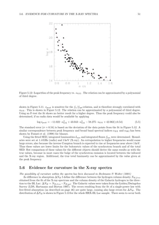 5.6. EVIDENCE FOR CURVATURE IN THE X-RAY SPECTRA 51
Figure 5.12: Logarithm of the peak frequency vs. αOX . The relation can be approximated by a polynomial
of third degree.
shown in Figure 5.11. νpeak is sensitive for the fx/fopt-relation, and is therefore strongly correlated with
αOX . This is shown in Figure 5.12. The relation can be approximated by a polynomial of third degree.
Using an F-test the ﬁt shows no better result for a higher degree. Thus the peak frequency could also be
determined, if no radio data would be available by applying
log νpeak = −11.022 · α3
OX + 43.043 · α2
OX − 58.275 · αOX + 42.062(±0.54) (5.5)
The standard error (σ = 0.54) is based on the deviation of the data points from the ﬁt in Figure 5.12. A
similar correspondence between peak frequency and broad band spectral indices αRX and αRO has been
shown by Fossati et al. (1998) for blazars.
Using the ﬁtted SED, integrated luminosities Lsyn and integrated ﬂuxes fsyn were determined. Bound-
aries were set at 1.4 GHz (radio) and 1 keV (X-ray). An extrapolation to higher frequencies would cause
large errors, also because the inverse Compton branch is expected to rise at frequencies near above 1 keV.
Thus these values are lower limits for the bolometric values of the synchrotron branch and of the total
SED. But comparison of these values for the diﬀerent objects should derive the same results as with the
true values, because in most cases the bulge of the synchrotron emission is located between the infrared
and the X-ray region. Additional, the true total luminosity can be approximated by the value given at
the peak frequency.
5.6 Evidence for curvature in the X-ray spectra
The possibility of curvature within the spectra has been discussed in Beckmann & Wolter (2001)
As diﬀerence in absorption ∆NH I deﬁne the diﬀerence between the hydrogen column density NH,free
obtained from the ﬁt of the X-ray spectrum and the column density of the Galactic hydrogen in the direc-
tion to the BL Lac: ∆NH = NH,free−NH,gal. The Galactic values were taken from the Leiden/Dwingeloo
Survey (LDS, Hartmann and Burton 1997). The errors resulting from the ﬁt of a single-power law with
free-ﬁtted absorption (as described on page 46) are quite large, causing also large errors for ∆NH. The
distribution of ∆NH is shown in Figure 5.13 for the whole HRX-BL Lac sample. There seem to occur both
 