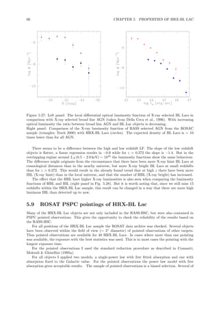 66 CHAPTER 5. PROPERTIES OF HRX-BL LAC
Figure 5.27: Left panel: The local diﬀerential optical luminosity function of X-ray selected BL Lacs in
comparison with X-ray selected broad line AGN (taken from Della Ceca et al., 1996). With increasing
optical luminosity the ratio between broad line AGN and BL Lac objects is decreasing.
Right panel: Comparison of the X-ray luminosity function of RASS selected AGN from the ROSAC
sample (triangles; Tesch 2000) with HRX-BL Lacs (circles). The expected density of BL Lacs is ∼ 10
times lower than for all AGN.
There seems to be a diﬀerence between the high and low redshift LF. The slope of the low redshift
objects is ﬂatter, a linear regression results in −0.9 while for z > 0.272 the slope is −1.4. But in the
overlapping regime around LX(0.5 − 2.0 keV) ∼ 1045
the luminosity functions show the same behaviour.
The diﬀerence might originate from the circumstance that there have been more X-ray faint BL Lacs at
cosmological distances than in the nearby universe, but more X-ray bright BL Lacs at small redshifts
than for z > 0.272. This would result in the already found trend that at high z there have been more
IBL (X-ray faint) than in the local universe, and that the number of HBL (X-ray bright) has increased.
The eﬀect that the HBL have higher X-ray luminosities is also seen when comparing the luminosity
functions of HBL and IBL (right panel in Fig. 5.28). But it is worth noting that, since we still miss 15
redshifts within the HRX-BL Lac sample, this result can be changed in a way that there are more high
luminous IBL than detected up to now.
5.9 ROSAT PSPC pointings of HRX-BL Lac
Many of the HRX-BL Lac objects are not only included in the RASS-BSC, but were also contained in
PSPC pointed observations. This gives the opportunity to check the reliability of the results based on
the RASS-BSC.
For all positions of the HRX-BL Lac sample the ROSAT data archive was checked. Several objects
have been observed within the ﬁeld of view (∼ 2◦
diameter) of pointed observations of other targets.
Thus pointed observations are available for 40 HRX-BL Lacs. In cases where more than one pointing
was available, the exposure with the best statistics was used. This is in most cases the pointing with the
longest exposure time.
For the pointed observations I used the standard reduction procedure as described in Comastri,
Molendi & Ghisellini (1995a).
For all objects I applied two models; a single-power law with free ﬁtted absorption and one with
absorption ﬁxed to the Galactic value. For the pointed observations the power law model with free
absorption gives acceptable results. The sample of pointed observations is a biased selection. Several of
 