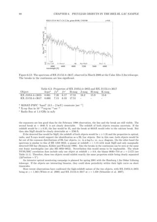 88 CHAPTER 6. PECULIAR OBJECTS IN THE HRX-BL LAC SAMPLE
RXJ1153.4+3617, CA 2.2m, grism B100, 13/03/00 z=0.0
4000 4400 4800 5200 5600 6000
wavelength [Å]
0.511.522.533.5
flux[10erg/cm²/sec/Å]−14
Fe
CaH
CaK G−Band Hβ Mg+MgH NaI−D
Figure 6.12: The spectrum of RX J1153.4+3617, observed in March 2000 at the Calar Alto 2.2m telescope.
The breaks in the continuum are less signiﬁcant.
Table 6.3: Properties of RX J1054.4+3855 and RX J1153.4+3617
Object hcpsa
fxb
frc
B-mag J-mag H-mag K-mag
RX J1054.4+3855 0.061 7.20 6.17 17.55 16.2 15.9 15.6
RX J1153.4+3617 0.060 7.15 6.10 17.51 - - -
a
ROSAT-PSPC “hard” (0.5 − 2 keV) countrate [sec−1
]
b
X-ray ﬂux in 10−13
erg cm−2
sec−1
c
Radio ﬂux at 1.4 GHz in mJy
the exposures are less good than for the February 1998 observation, the line and the break are still visible. The
second break at ∼ 4840 ˚A is not clearly detectable. The redshift of both objects remains uncertain. If the
redshift would be z ≃ 0.35, the line would be Hβ and the break at 6610˚A would refer to the calcium break. But
then also MgII should be clearly detectable at ∼ 3780 ˚A.
If the detected line would be MgII, the redshift of both objects would be z ≃ 1.35 and the properties in optical,
radio, and X-rays would support the identiﬁcation as a BL Lac objects. But in this case, both objects would lie
far out of the common distributions of BL Lac objects, i.e. in a log LX vs. αOX diagram. On the other hand the
spectrum is similar to this of HE 1258–0823, a quasar at redshift z = 1.15 with weak MgII and only marginally
detected CIII line (Reimers, K¨ohler and Wisotzki 1996). Also the breaks in the continuum can be seen at the same
rest frame wavelengths (see also HE 0950–0852). Nevertheless this would seems to be implausible. The whole
NVSS/BSC correlation does include only one object at redshift z > 0.9, the blazar 0836+710 at z = 2.172 (see
Table 11.1). Therefore, these two objects would exhibit exactly the same properties while being clearly separated
(∆Position ∼ 5◦
).
An intensive optical monitoring campaign is planned for spring 2001 with the Hamburg 1.2m Oskar L¨uhning
telescope. If the objects are interacting binaries, they could show periodicity within their light curve on short
timescales.
More recent observations have conﬁrmed the high-redshift nature of the two objects, with RX J1054.4+3855
being at z = 1.363 (White et al. 2000) and RX J1153.4+3617 at z = 1.358 (Schneider et al. 2007).
 