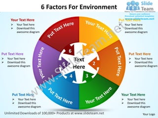 6 Factors For Environment
      Your Text Here                                       Put Text Here
          Your Text here                                         Your Text here
          Download this                                          Download this
           awesome diagram                                         awesome diagram




                                        6          1
Put Text Here                                                        Put Text Here


    Your Text here
    Download this
                                            Text                     
                                                                     
                                                                         Your Text here
                                                                         Download this
                                    5                  2
    awesome diagram
                                            Here                         awesome diagram


                                        4          3


       Put Text Here                                           Your Text Here
          Your Text here                                          Your Text here
          Download this                                           Download this
           awesome diagram                                          awesome diagram

                                                                              Your Logo
 