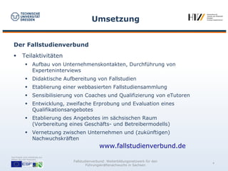 Umsetzung


  Der Fallstudienverbund
          Teilaktivitäten
               Aufbau von Unternehmenskontakten, Durchführung von
                Experteninterviews
               Didaktische Aufbereitung von Fallstudien
               Etablierung einer webbasierten Fallstudiensammlung
               Sensibilisierung von Coaches und Qualifizierung von eTutoren
               Entwicklung, zweifache Erprobung und Evaluation eines
                Qualifikationsangebotes
               Etablierung des Angebotes im sächsischen Raum
                (Vorbereitung eines Geschäfts- und Betreibermodells)
               Vernetzung zwischen Unternehmen und (zukünftigen)
                Nachwuchskräften
                                                  www.fallstudienverbund.de
Das Projekt wird vollständig aus
Mitteln des ESF finanziert.
                                   Fallstudienverbund: Weiterbildungsnetzwerk für den
                                                                                        4
                                           Führungskräftenachwuchs in Sachsen
 