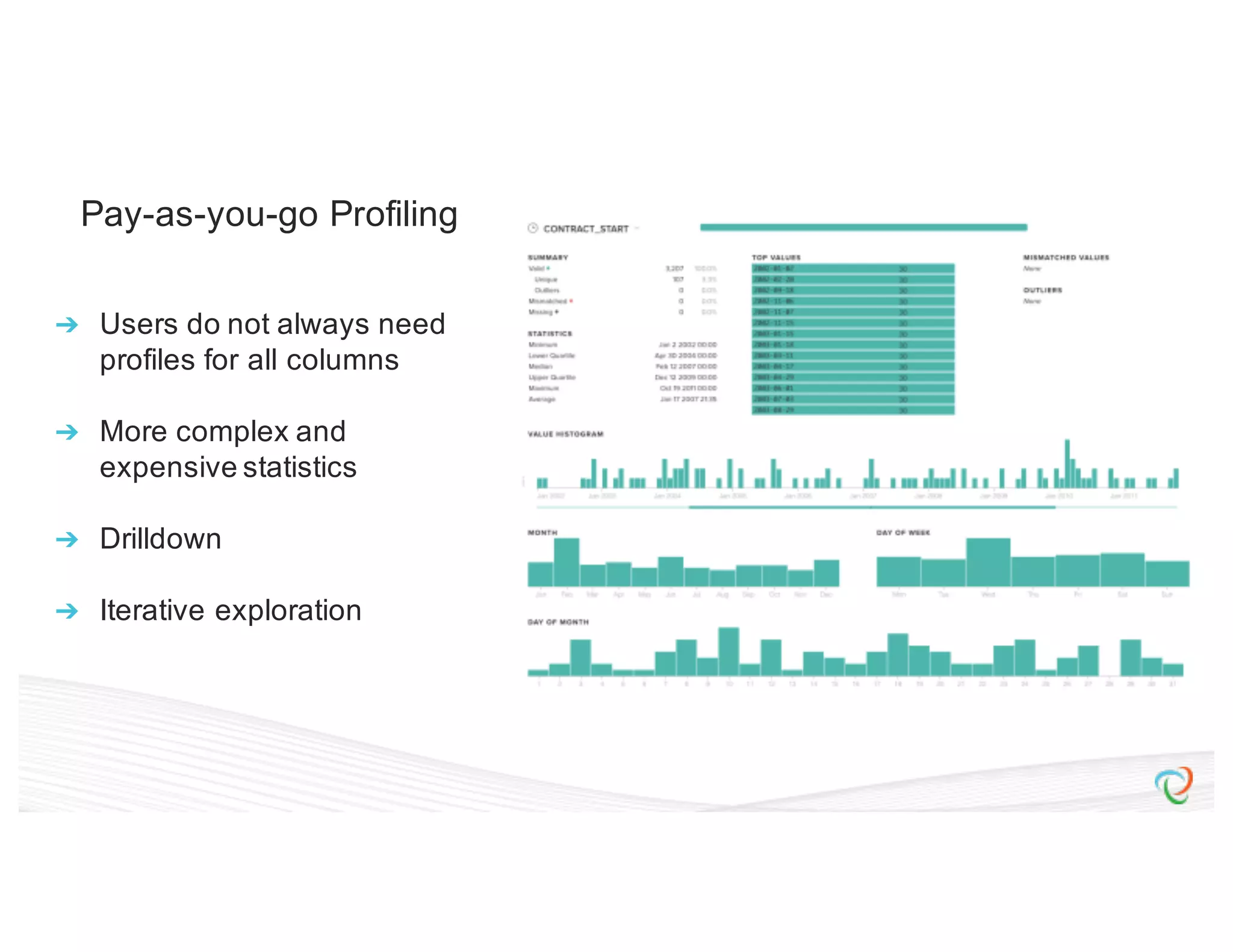 Pay-as-you-go Profiling ➔ Users do not always need profiles for all columns ➔ More complex and expensive statistics ➔ Drilldown ➔ Iterative exploration 