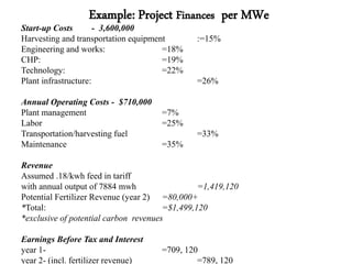 Example: Project Finances per MWe
Start-up Costs        - 3,600,000
Harvesting and transportation equipment        :=15%
Engineering and works:                =18%
CHP:                                  =19%
Technology:                           =22%
Plant infrastructure:                          =26%

Annual Operating Costs - $710,000
Plant management                     =7%
Labor                                =25%
Transportation/harvesting fuel                 =33%
Maintenance                          =35%

Revenue
Assumed .18/kwh feed in tariff
with annual output of 7884 mwh                  =1,419,120
Potential Fertilizer Revenue (year 2) =80,000+
*Total:                                =$1,499,120
*exclusive of potential carbon revenues

Earnings Before Tax and Interest
year 1-                              =709, 120
year 2- (incl. fertilizer revenue)            =789, 120
 