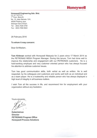 Letter of Reference from Honeywell Director _ RE Tom Kirkman