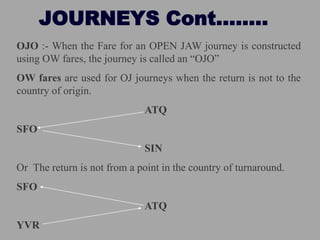 JOURNEYS Cont……..
OJO :- When the Fare for an OPEN JAW journey is constructed
using OW fares, the journey is called an “OJO”
OW fares are used for OJ journeys when the return is not to the
country of origin.
ATQ
SFO
SIN
Or The return is not from a point in the country of turnaround.
SFO
ATQ
YVR
 