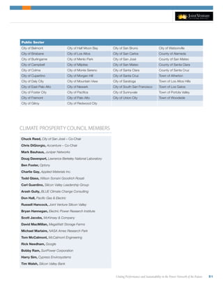 Uniting Performance and Sustainability in the Power Network of the Future 51
Chuck Reed, City of San José – Co-Chair
Chris DiGiorgio, Accenture – Co-Chair
Mark Bauhaus, Juniper Networks
Doug Davenport, Lawrence Berkeley National Laboratory
Ben Foster, Optony
Charlie Gay, Applied Materials Inc.
Todd Glass, Wilson Sonsini Goodrich Rosati
Carl Guardino, Silicon Valley Leadership Group
Arash Guity, BLUE Climate Change Consulting
Don Hall, Pacific Gas  Electric
Russell Hancock, Joint Venture Silicon Valley
Bryan Hannegan, Electric Power Research Institute
Scott Jacobs, McKinsey  Company
David MacMillan, MegaWatt Storage Farms
Michael Marlaire, NASA Ames Research Park
Tom McCalmont, McCalmont Engineering
Rick Needham, Google
Bobby Ram, SunPower Corporation
Harry Sim, Cypress Envirosystems
Tim Walsh, Silicon Valley Bank
Public Sector
City of Belmont City of Half Moon Bay City of San Bruno City of Watsonville
City of Brisbane City of Los Altos City of San Carlos County of Alameda
City of Burlingame City of Menlo Park City of San José County of San Mateo
City of Campbell City of Milpitas City of San Mateo County of Santa Clara
City of Colma City of Monte Sereno City of Santa Clara County of Santa Cruz
City of Cupertino City of Morgan Hill City of Santa Cruz Town of Atherton
City of Daly City City of Mountain View City of Saratoga Town of Los Altos Hills
City of East Palo Alto City of Newark City of South San Francisco Town of Los Gatos
City of Foster City City of Pacifica City of Sunnyvale Town of Portola Valley
City of Fremont City of Palo Alto City of Union City Town of Woodside
City of Gilroy City of Redwood City
CLIMATE PROSPERITY COUNCIL MEMBERS
 