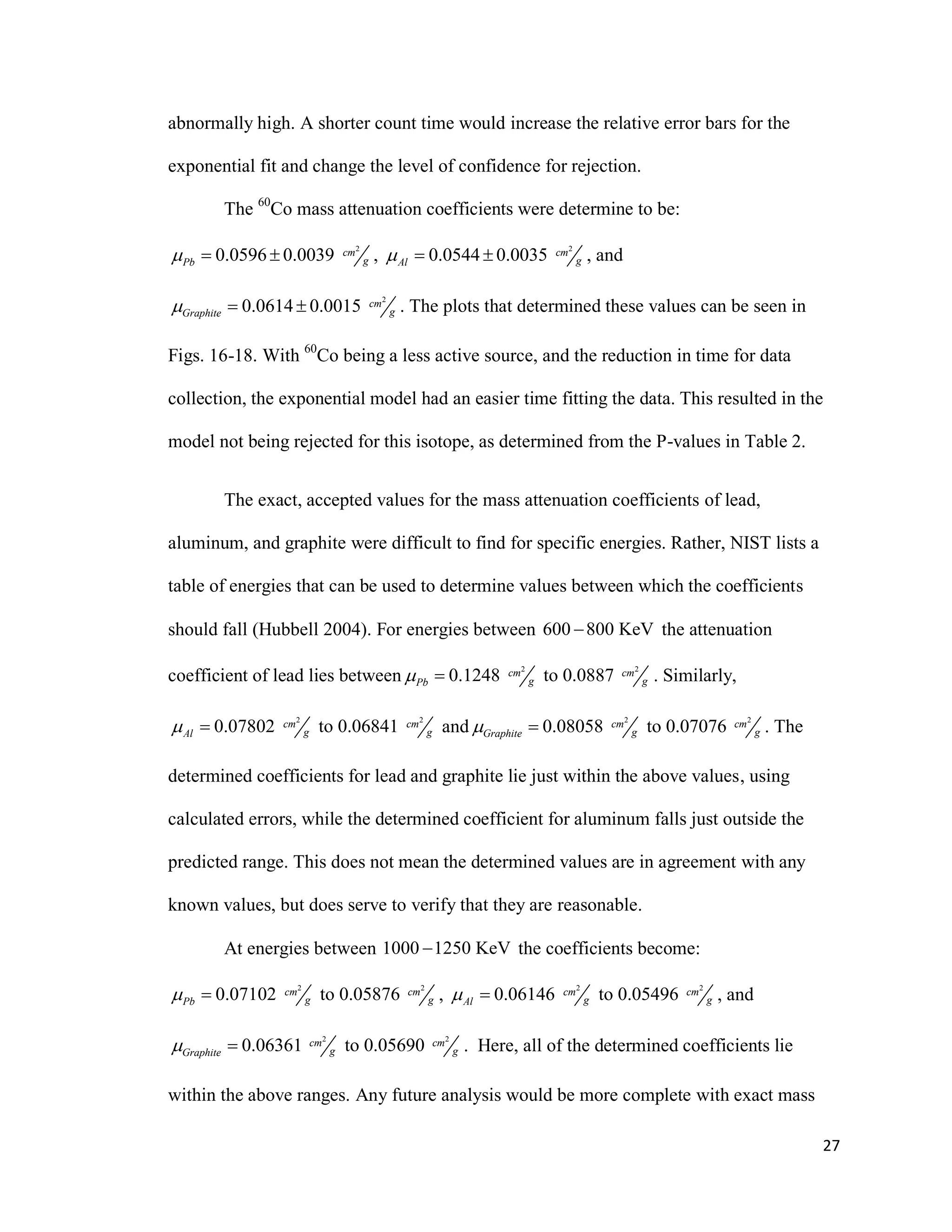 27
abnormally high. A shorter count time would increase the relative error bars for the
exponential fit and change the level of confidence for rejection.
The 60
Co mass attenuation coefficients were determine to be:
2
0.0596 0.0039 cm
gPb   ,
2
0.0544 0.0035 cm
gAl   , and
2
0.0614 0.0015 cm
gGraphite   . The plots that determined these values can be seen in
Figs. 16-18. With 60
Co being a less active source, and the reduction in time for data
collection, the exponential model had an easier time fitting the data. This resulted in the
model not being rejected for this isotope, as determined from the P-values in Table 2.
The exact, accepted values for the mass attenuation coefficients of lead,
aluminum, and graphite were difficult to find for specific energies. Rather, NIST lists a
table of energies that can be used to determine values between which the coefficients
should fall (Hubbell 2004). For energies between 600 800 KeV the attenuation
coefficient of lead lies between
2 2
0.1248 to 0.0887cm cm
g gPb  . Similarly,
2 2
0.07802 to 0.06841cm cm
g gAl  and
2 2
0.08058 to 0.07076cm cm
g gGraphite  . The
determined coefficients for lead and graphite lie just within the above values, using
calculated errors, while the determined coefficient for aluminum falls just outside the
predicted range. This does not mean the determined values are in agreement with any
known values, but does serve to verify that they are reasonable.
At energies between 1000 1250 KeV the coefficients become:
2 2
0.07102 to 0.05876cm cm
g gPb  ,
2 2
0.06146 to 0.05496cm cm
g gAl  , and
2 2
0.06361 to 0.05690cm cm
g gGraphite  . Here, all of the determined coefficients lie
within the above ranges. Any future analysis would be more complete with exact mass
 