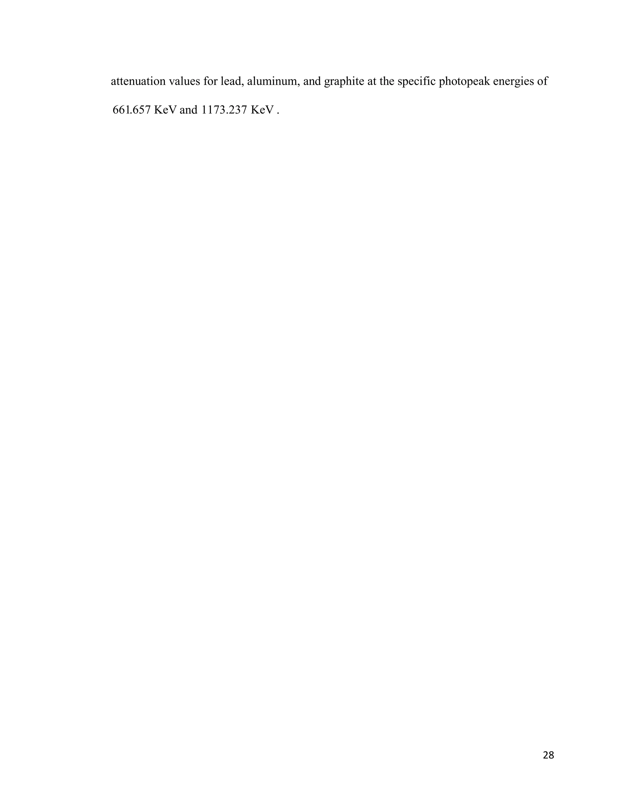 28
attenuation values for lead, aluminum, and graphite at the specific photopeak energies of
661.657 KeV and 1173.237 KeV .
 