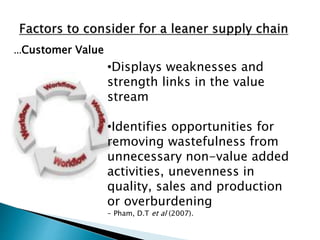 ...Customer Value
•Displays weaknesses and
strength links in the value
stream
•Identifies opportunities for
removing wastefulness from
unnecessary non-value added
activities, unevenness in
quality, sales and production
or overburdening
- Pham, D.T et al (2007).
 