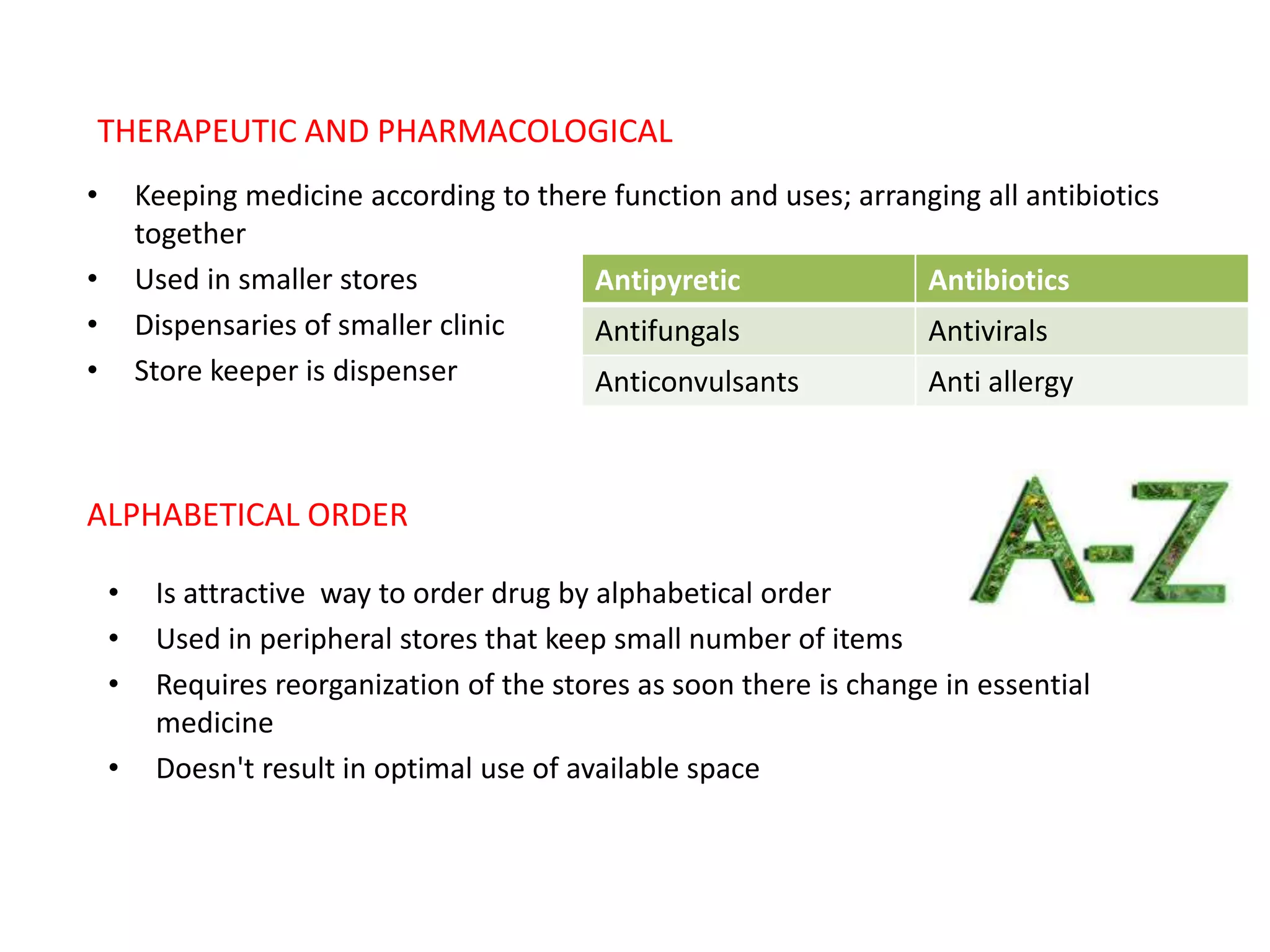 THERAPEUTIC AND PHARMACOLOGICAL
• Keeping medicine according to there function and uses; arranging all antibiotics
together
• Used in smaller stores
• Dispensaries of smaller clinic
• Store keeper is dispenser
ALPHABETICAL ORDER
• Is attractive way to order drug by alphabetical order
• Used in peripheral stores that keep small number of items
• Requires reorganization of the stores as soon there is change in essential
medicine
• Doesn't result in optimal use of available space
Antipyretic Antibiotics
Antifungals Antivirals
Anticonvulsants Anti allergy
 