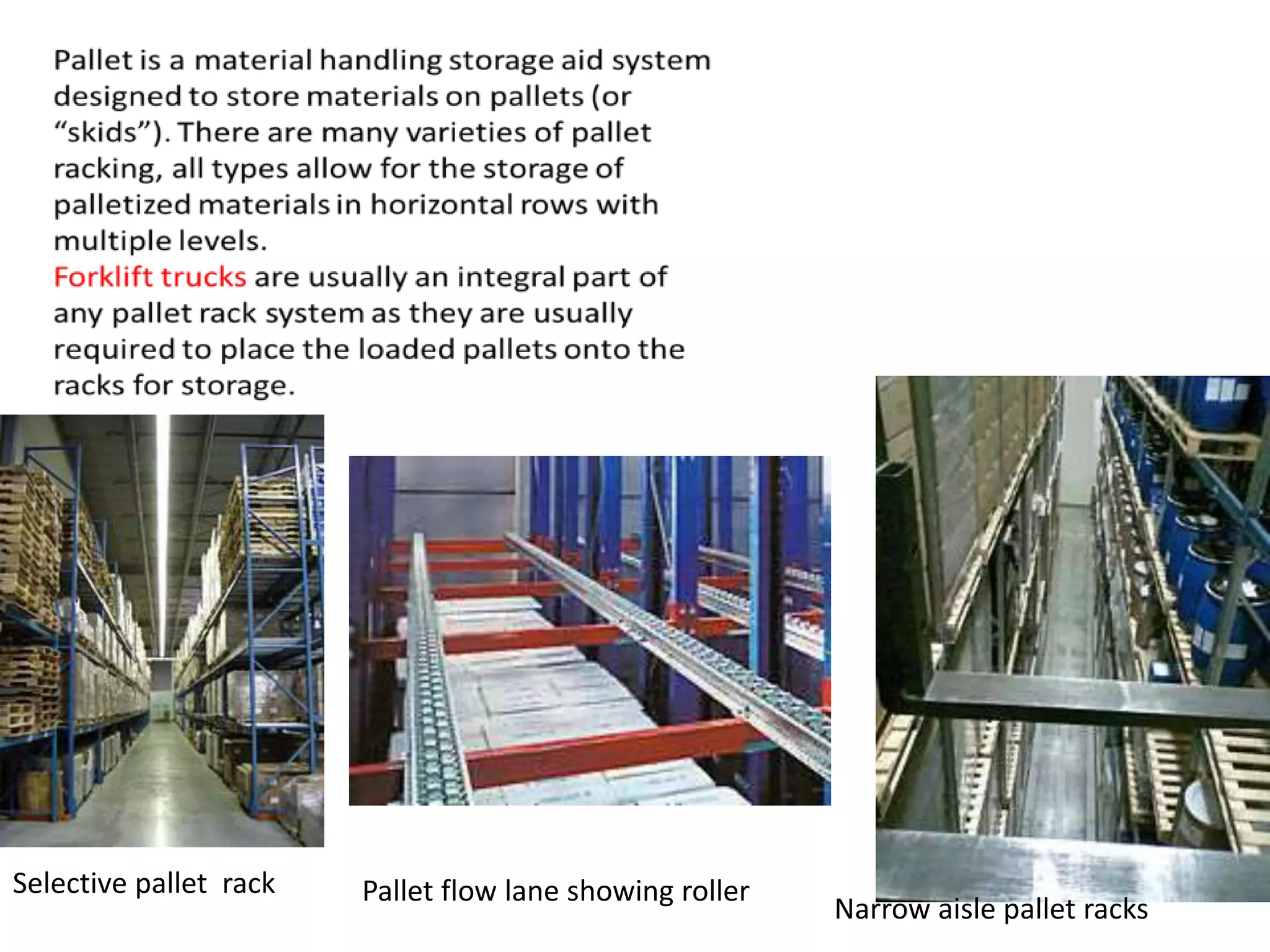 Selective pallet rack
Narrow aisle pallet racks
Pallet flow lane showing roller
 
