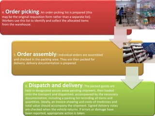 4. Order picking: An order-picking list is prepared (this
may be the original requisition form rather than a separate list).
Workers use this list to identify and collect the allocated items
from the warehouse.
5. Order assembly: Individual orders are assembled
and checked in the packing area. They are then packed for
delivery. delivery documentation is prepared.
6. Dispatch and delivery: The packed goods are
held in designated secure areas pending shipment, then loaded
onto the transport and dispatched, accompanied by the necessary
documentation, including a packing list recording all items and
quantities. Ideally, an invoice showing unit costs of medicines and
total value should accompany the shipment. Signed delivery notes
are checked when the vehicle returns. If errors or damage have
been reported, appropriate action is taken.
 