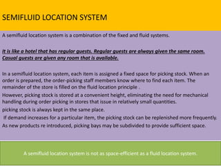 SEMIFLUID LOCATION SYSTEM
A semifluid location system is a combination of the fixed and fluid systems.
It is like a hotel that has regular guests. Regular guests are always given the same room.
Casual guests are given any room that is available.
In a semifluid location system, each item is assigned a fixed space for picking stock. When an
order is prepared, the order-picking staff members know where to find each item. The
remainder of the store is filled on the fluid location principle .
However, picking stock is stored at a convenient height, eliminating the need for mechanical
handling during order picking in stores that issue in relatively small quantities.
picking stock is always kept in the same place.
If demand increases for a particular item, the picking stock can be replenished more frequently.
As new products re introduced, picking bays may be subdivided to provide sufficient space.
A semifluid location system is not as space-efficient as a fluid location system.
 