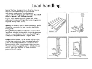 Load handling
Each of the four storage systems described above
requires suitable handling equipment and
appropriate organization of stored goods.
Appropriate handling equipment reduces the risk of
injury to workers and damage to goods.
Careful stock organization on shelves and pallets
reduces unnecessary lifting and ensures easy access
to goods during order picking.
Shelving- In order to reduce manual handling, goods
should be transported to and from the shelves on
trolley carts.
Heavy items should be stored on the lower shelves.
Whenever possible, other items should be organized
so that frequently picked items are at waist height.
Safety stock may be stored at a higher level.
Pallets-Loaded pallets can be moved only by using
mechanical equipment. Hand-operated hydraulic
pallet trucks and pallet lifts are suitable for floor
pallets and for pallet racking up to three tiers high.
Operations that have pallets stored at higher levels
or turn over large volumes of stock must use
powered forklift trucks.
 