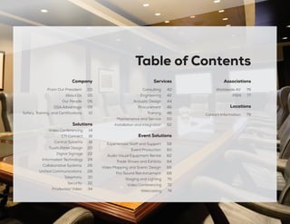 Company
From Our President 03
About Us 05
Our People 06
GSA Advantage 09
Safety, Training, and Certifications 10
Solutions
Video Conferencing 14
CTI Connect 16
Control Systems 18
Touch Panel Design 20
Digital Signage 22
Information Technology 24
Collaborative Systems 26
Unified Communications 28
Telephony 30
Security 32
Production Video 34
Services
Consulting 40
Engineering 42
Acoustic Design 44
Procurement 46
Training 48
Maintenance and Service 50
Installation and Integration 52
Event Solutions
Experienced Staff and Support 58
Event Production 60
Audio Visual Equipment Rental 62
Trade Shows and Exhibits 64
Video Mapping and Scenic Design 66
Pro Sound Reinforcement 68
Staging and Lighting 70
Video Conferencing 72
Webcasting 74
Associations
Worldwide AV 76
PSNI 77
Locations
Contact Information 79
Table of Contents
 
