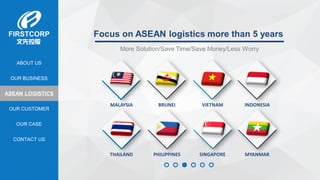 OUR BUSINESS
ASEAN LOGISTICS
OUR CASE
OUR CUSTOMER
CONTACT US
ABOUT US
THAILAND PHILIPPINES SINGAPORE MYANMAR
MALAYSIA BRUNEI VIETNAM INDONESIA
Focus on ASEAN logistics more than 5 years
More Solution/Save Time/Save Money/Less Worry
 