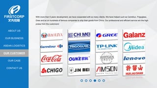 OUR BUSINESS
ASEAN LOGISTICS
OUR CASE
OUR CUSTOMER
CONTACT US
ABOUT US
With more than 5 years development, we have cooperated with so many clients. We have helped such as Carrefour, Frigoglass,
Gree and so on hundreds of famous companies to ship their goods from China. Our professional and efficient service win the high
praise from the customers!
 