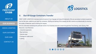 OUR BUSINESS
ASEAN LOGISTICS
OUR CASE
OUR CUSTOMER
CONTACT US
ABOUT US
V. Out-Of-Gauge Containers Transfer
FIRST CORP LOGISTICS’s services cover all manner of out of gauge and heavy lift shipments. We use specialized container equipment
such as flat racks, platforms and open top containers. Stuffing and lashing of the cargoes are also carried out professionally by ensuring
the quality of Materials used for lashing the cargoes.
We are continually developing this particular sector of our business and aim to reach the goal that Time Saving, Labor Saving, Risk
Reduction, Cost Reduction.
• Industrial equipments
• Big machinery
• Special cargo
• Package for water-proof
• Lashing
LOGISTICS
 
