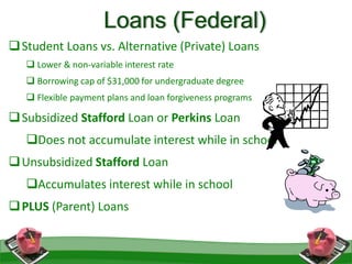 Loans (Federal)
Student Loans vs. Alternative (Private) Loans
 Lower & non-variable interest rate
 Borrowing cap of $31,000 for undergraduate degree
 Flexible payment plans and loan forgiveness programs
Subsidized Stafford Loan or Perkins Loan
Does not accumulate interest while in school
Unsubsidized Stafford Loan
Accumulates interest while in school
PLUS (Parent) Loans
 