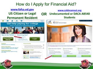 How do I Apply for Financial Aid?
www.fafsa.ed.gov
US Citizen or Legal
Permanent Resident
www.caldreamact.org
Undocumented or DACA AB540
Students
OR
 