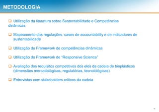 16
METODOLOGIA
 Utilização da literatura sobre Sustentabilidade e Competências
dinâmicas
 Mapeamento das regulações, cases de accountability e de indicadores de
sustentabilidade
 Utilização do Framework de competências dinâmicas
 Utilização do Framework de “Responsive Science”
 Avaliação dos requisitos competitivos dos elos da cadeia de bioplásticos
(dimensões mercadológicas, regulatórias, tecnolológicas)
 Entrevistas com stakeholders críticos da cadeia
 